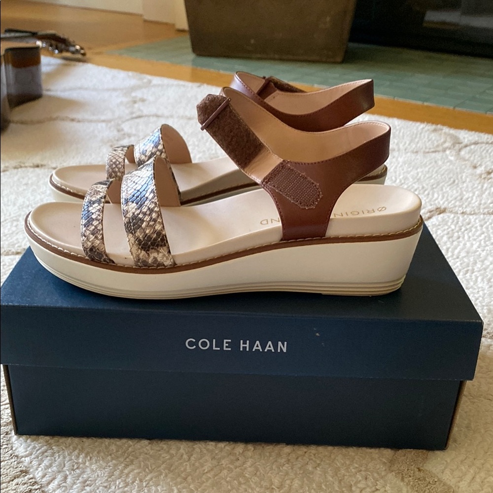 NIB! Cole Haan Peyton Brown and Snake Print Platform Sandals - Picture 2 of 5
